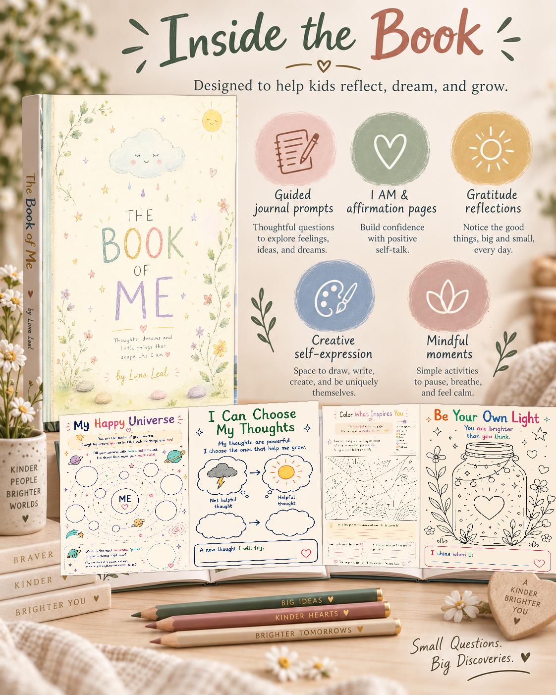 Official Inside the Book visual: guided prompts, affirmations, gratitude and creative expression