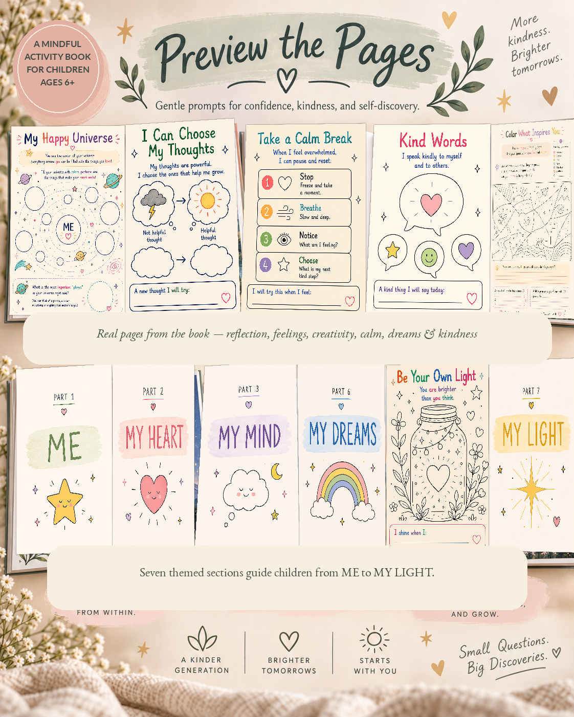Official illustrated preview showing real activities and section pages from The Book of Me